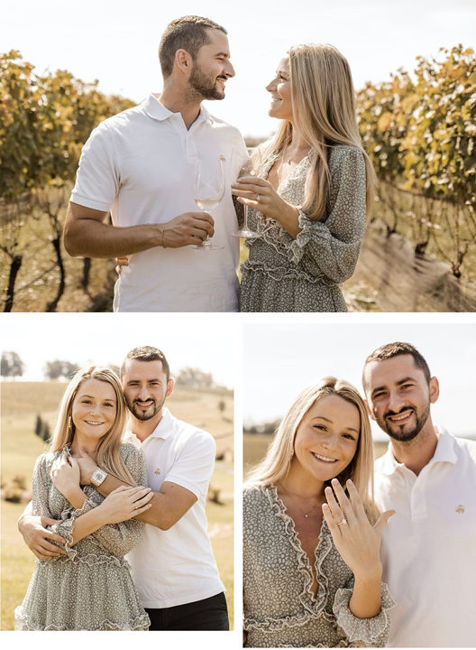 composite photo of beautiful engaged couple in an orchard celebrating and drinking champagne